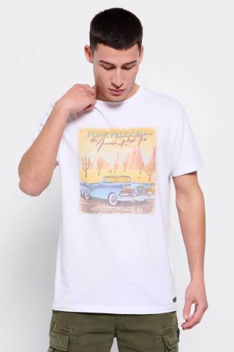 Funky Buddha ανδρικό βαμβακερό T-shirt μονόχρωμο με vintage print μπροστά - FBM007-066-04 Λευκό